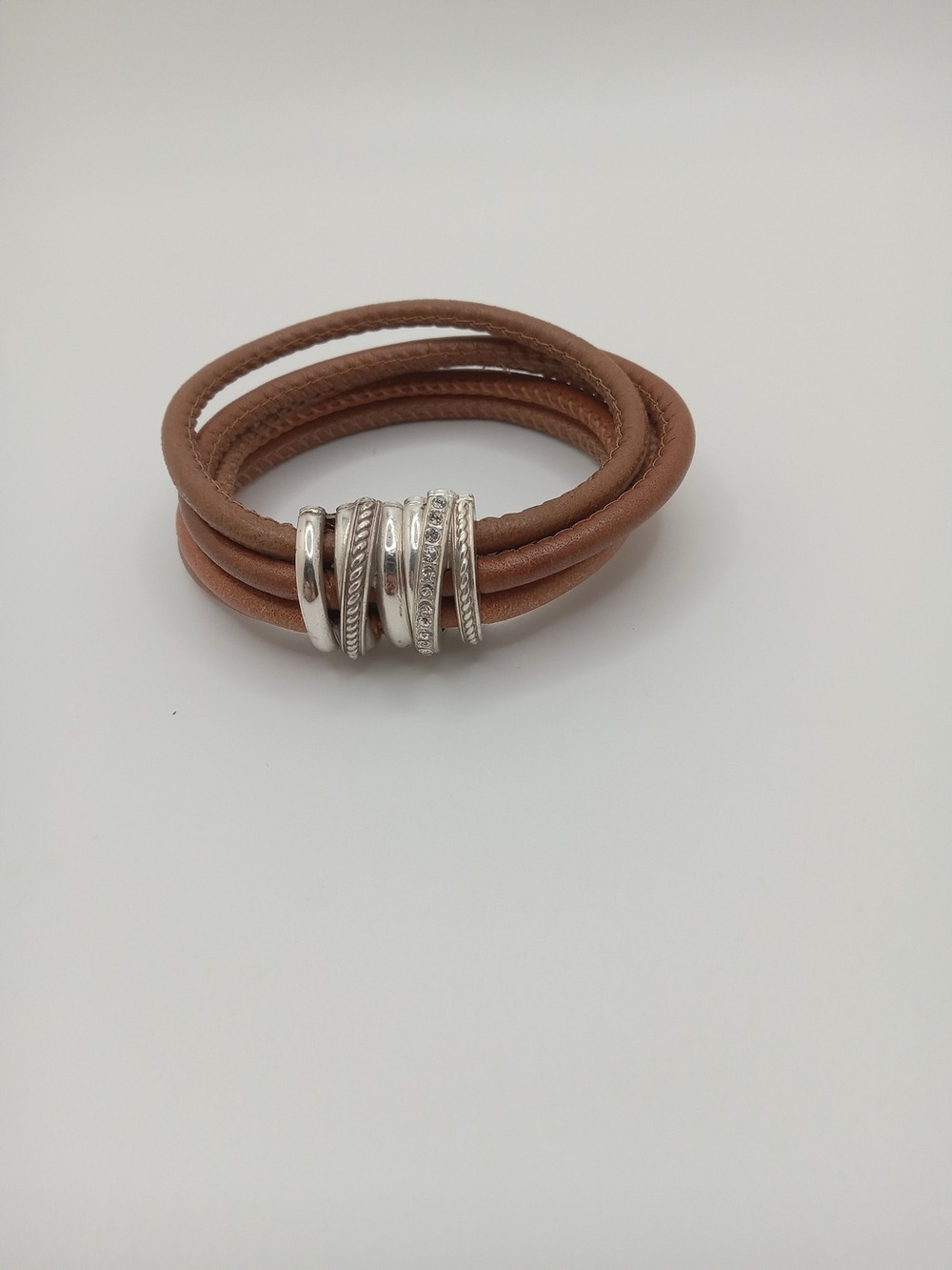 Brighton Brown Leather Multi Strand Wrap Bracelet Silver Tone Rhinestone Clasp